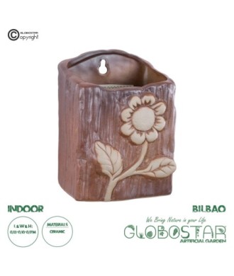 GloboStar® Artificial Garden BILBAO 20535 Διακοσμητική Κεραμική Επιτοίχια Γλάστρα Καφέ με Μπεζ Λεπτομέρειες Μ13 x Π10  x Υ17cm